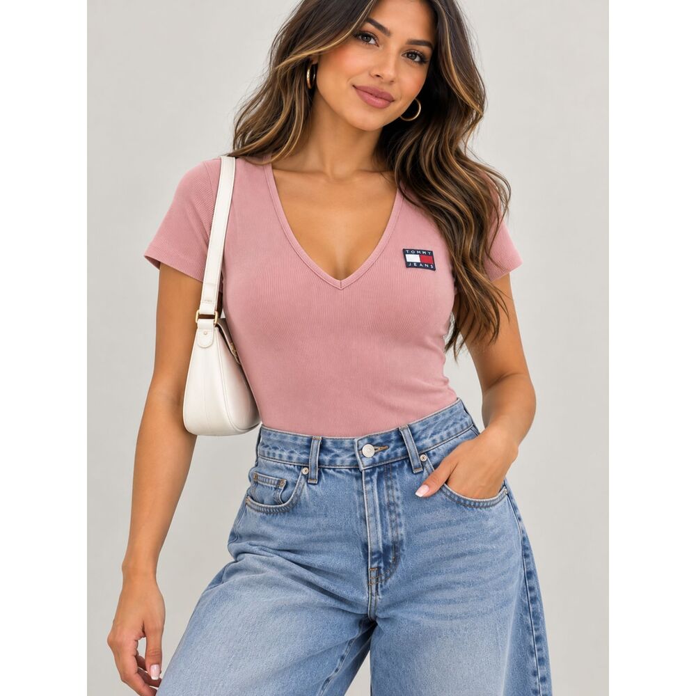 Tommy Jeans Women Pink Solid Ribbed Knit V-Neck Short Sleeve Stretch Bodysuit M